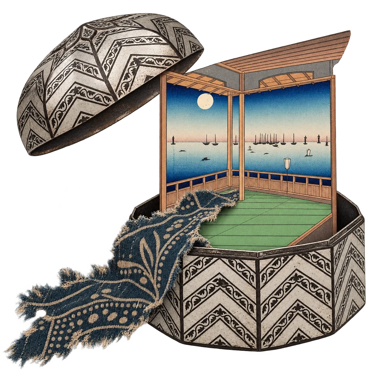 An open bidri box with a veranda inside it, looking out over a moonlit bay, and a strip of indigo cloth spilling over the side.