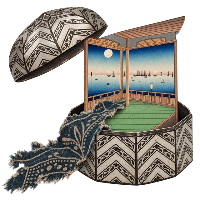 An open bidri box with a veranda inside it, looking out over a moonlit bay, and a strip of indigo cloth spilling over the side.