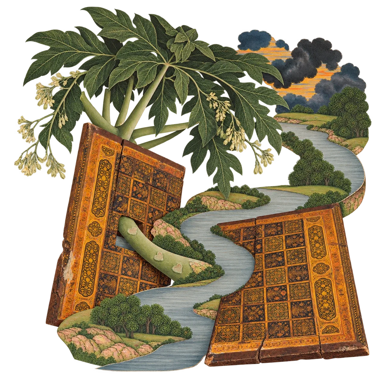 A river runs between the two halves of a gold inlaid game board, under a papaya tree and storm clouds.