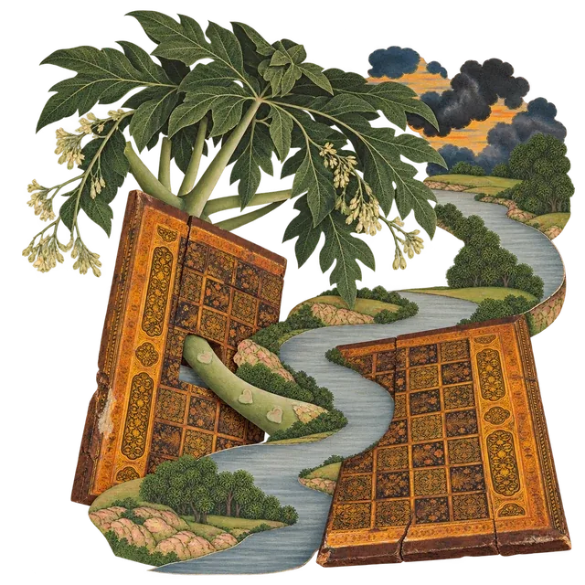 A river runs between the two halves of a gold inlaid game board, under a papaya tree and storm clouds.