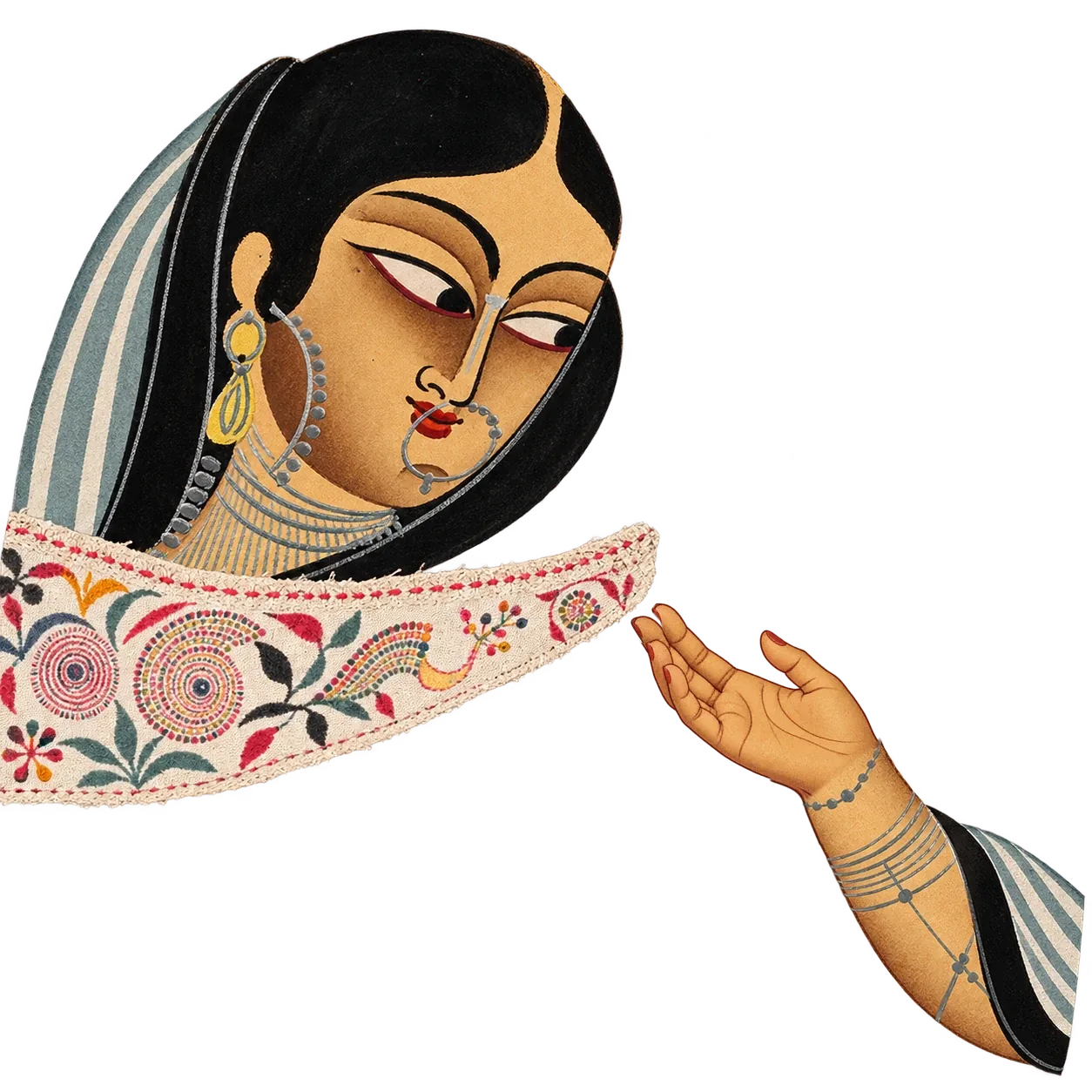 A woman in a striped veil looks down; across a strip of kantha embroidery, a hand reaches towards her.