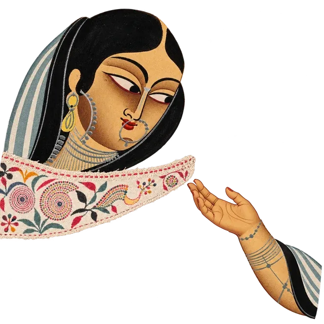 A woman in a striped veil looks down; across a strip of kantha embroidery, a hand reaches towards her.
