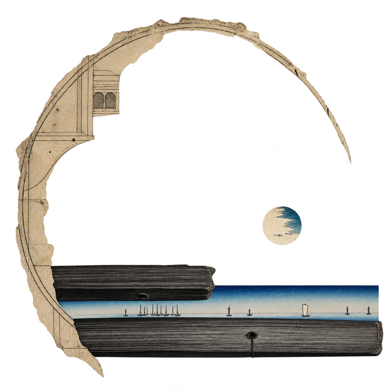 A half-drawn pencil arch over two black manuscript edges, with a small moon and a thin strip of blue sea.