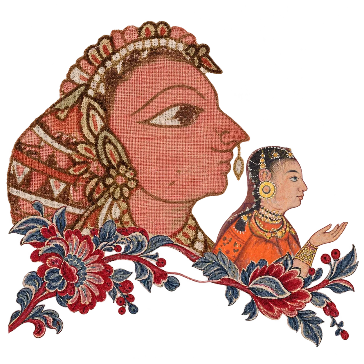 A large woman's profile in printed chintz and a small painted woman with her hand raised, joined by a red and blue flowering branch.