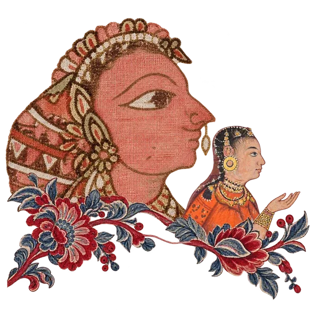 A large woman's profile in printed chintz and a small painted woman with her hand raised, joined by a red and blue flowering branch.