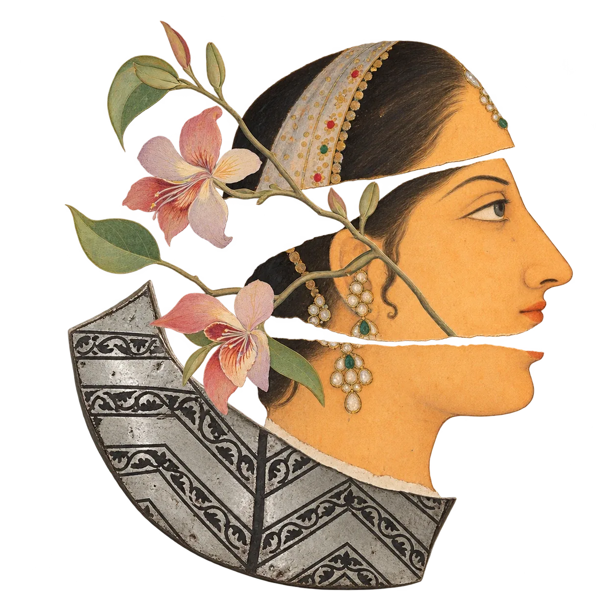 A woman's profile cut into three bands, crossed by an orchid branch, above a curved piece of bidri metal.
