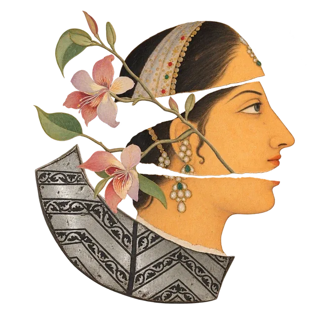 A woman's profile cut into three bands, crossed by an orchid branch, above a curved piece of bidri metal.