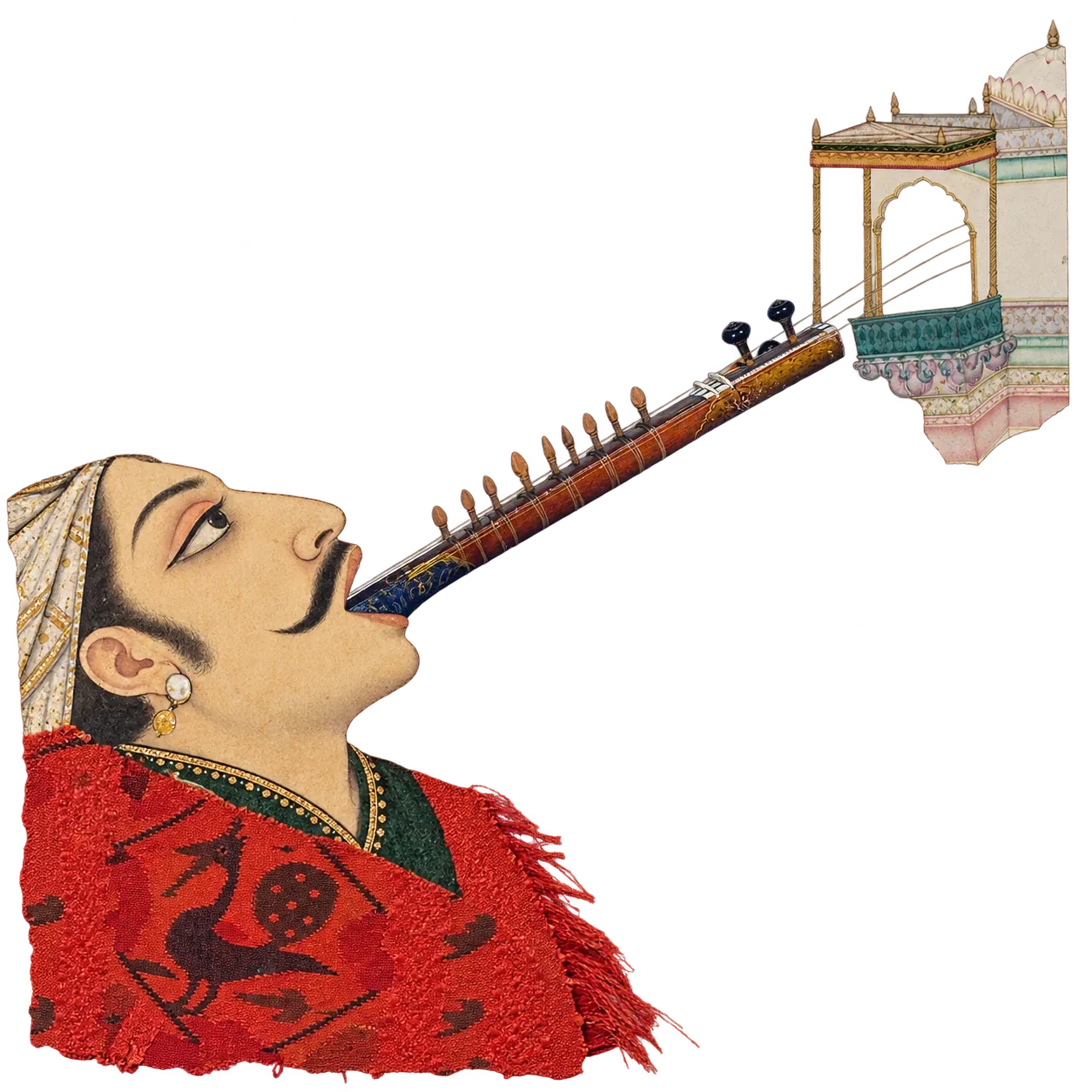 A musician in a red shawl tips his head back; the neck of a lute runs from his lips up to a small palace balcony.