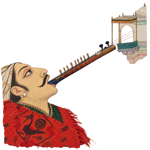 A musician in a red shawl tips his head back; the neck of a lute runs from his lips up to a small palace balcony.