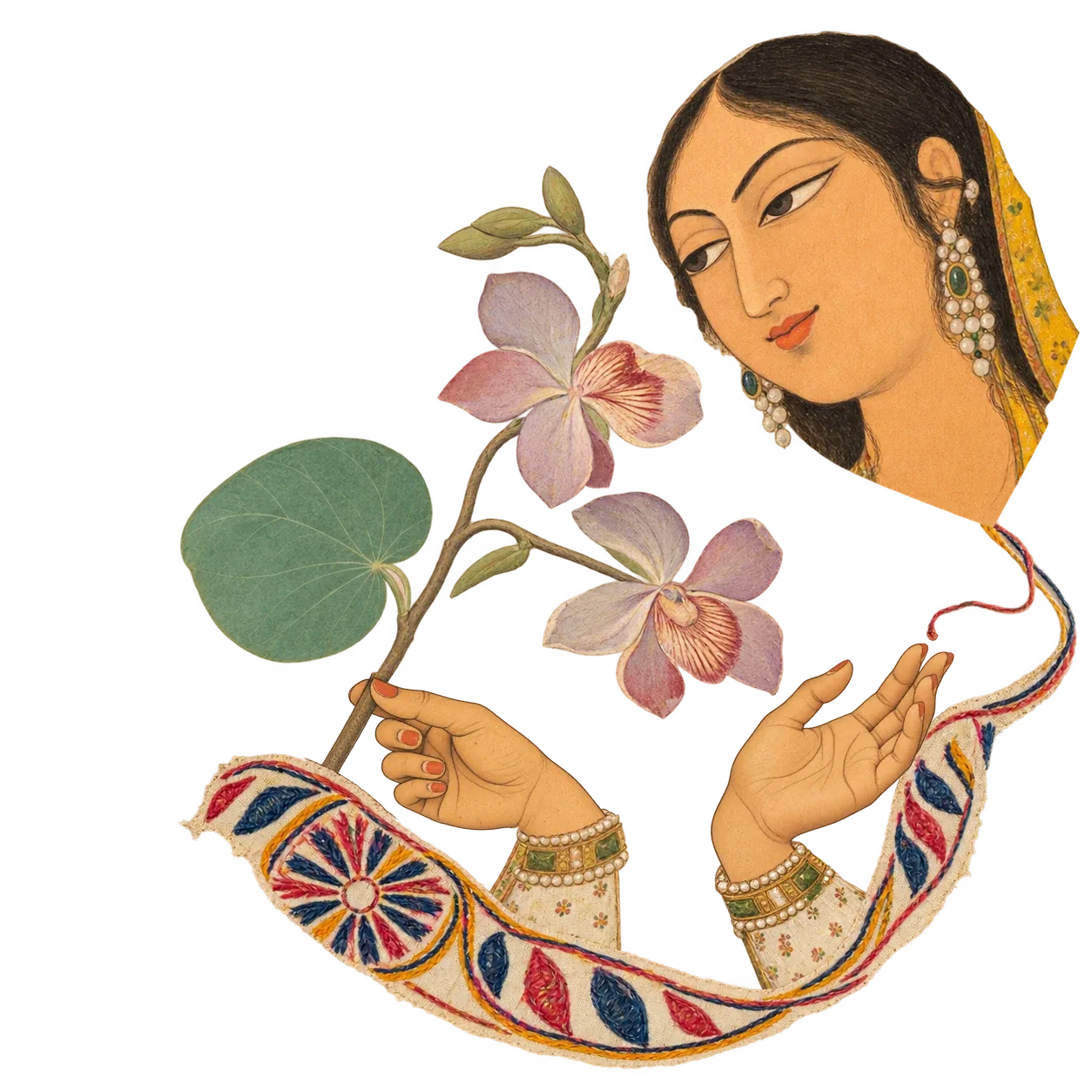 A woman looks down at two open hands holding an orchid branch over a strip of embroidered cloth.