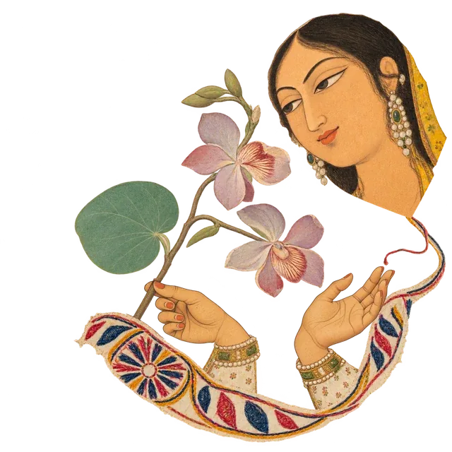 A woman looks down at two open hands holding an orchid branch over a strip of embroidered cloth.