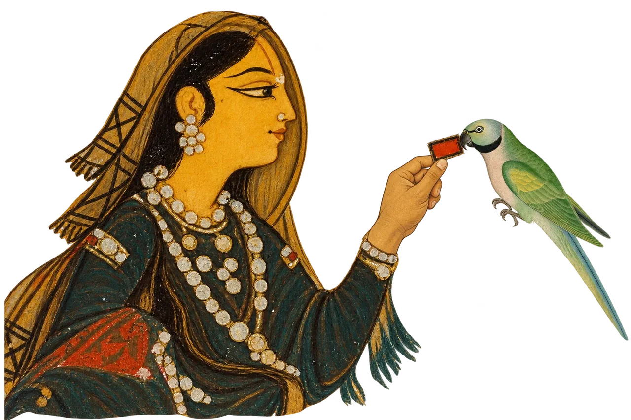 A woman in a green dress holds out a small red card to a green parrot.