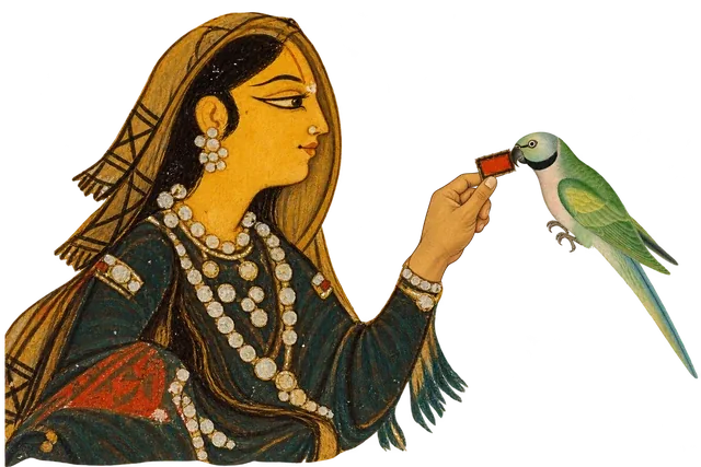 A woman in a green dress holds out a small red card to a green parrot.