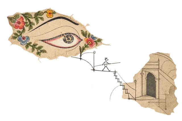 A large painted eye on a scrap of flowered cloth looks along a tightrope, where a tiny figure walks towards a stair and an open doorway.